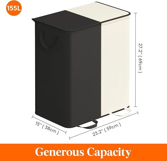 Lifewit Double Laundry Hamper with Lid and Removable Laundry Bags, Large Collapsible 2 Dividers Dirty Clothes Basket with Handles for Bedroom Laundry Room Closet Bathroom College, 155L White&Black