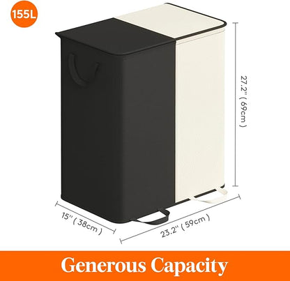 Lifewit Double Laundry Hamper with Lid and Removable Laundry Bags, Large Collapsible 2 Dividers Dirty Clothes Basket with Handles for Bedroom Laundry Room Closet Bathroom College, 155L White&Black