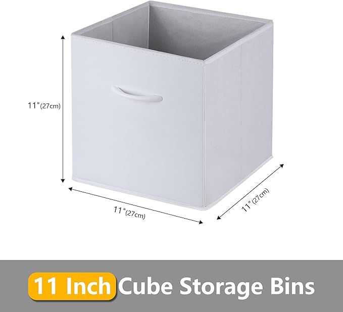 WUIKE 11-Inch White Storage Cube Bins, Leather Front Cubby Organizer Baskets with Handles, Collapsible Storage Bins for Shelves and Closet, 4-Pack
