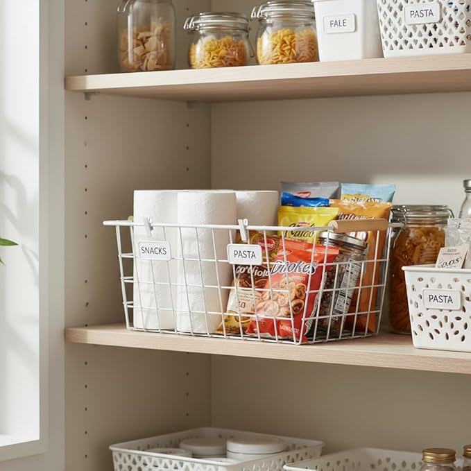 White Metal Wire Food Storage Basket with Wooden Handles for Organizing Snack Basket,Pantry Organizers and Storage for Kitchen Cabinets 4 Pack (Medium)