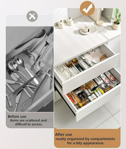 Retractable Drawer Storage Box - 6 Detachable Dividers with 2.04 Inch Shallow Drawer Height PET for Kitchen Utensils, Cosmetics, Office Supplies Storage (10.43 Inch L,20.27 Inch)