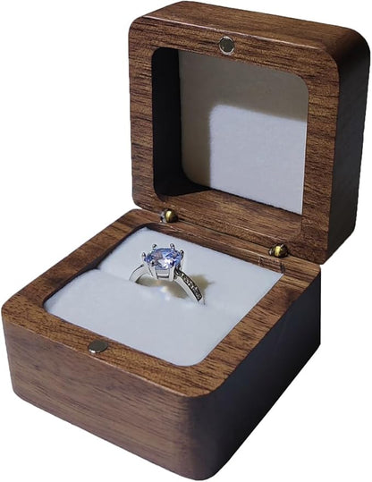 Wooden Ring Box, Personalized Engagement Ring Box Wedding Day Square Ring Box Holder Single Slot Rustic Ring Storage Box (White)