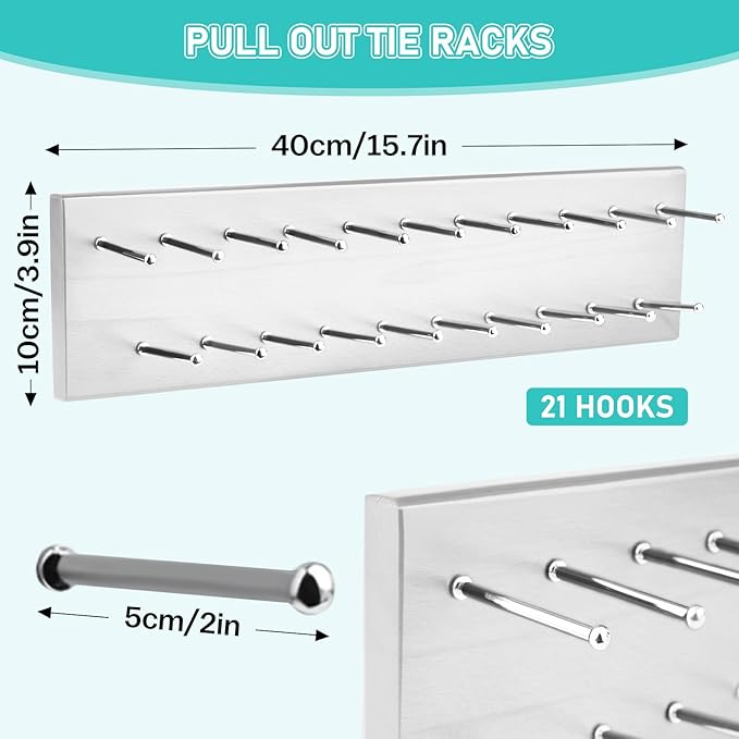 Tie Rack Wall Mounted, Wood Belt Hanger for Closet with 21 Chrome Hooks, Belt Storage Holder Organizer for Men Belts, Ties, Scarves, White