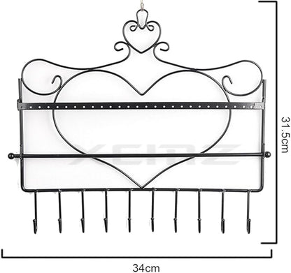 Wall Hanging Jewelry Organizer Holder, 28 Hooks Wall Mounted Storage Shelf, Heart Shape Earrings Necklace Display, Bracelet Key Chain Bangle Metal Hanger Rack – Gift for Ladies Women (Black)
