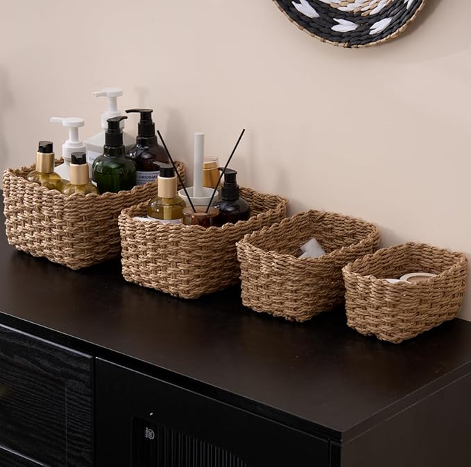 4PCS Woven Storage Baskets Set, Small Baskets for Organizing, Square Handwoven Paper Rope Organizer Bins for Shelves and Home Storage (Brown)