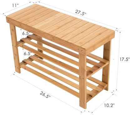 SMAGREHO Natural Bamboo Shoe Bench 2 Tier Shoe Rack Organizer Entryway Seat Storage Shelf