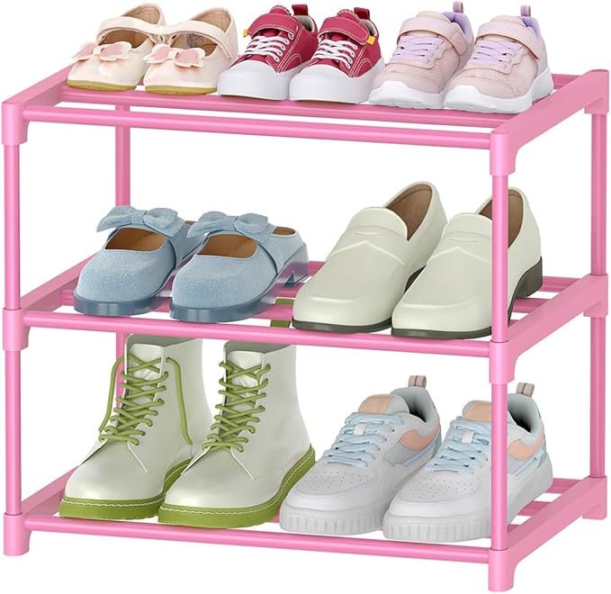 HITHIM 3-Tier Pink Shoe Racks for Women/Girls/Kids' Closet, Small Shoe Storage for 5-7 Pairs, Lightweight Stackable Shoe Shelf Organizer for Entryway, Front Door Entrance, Bedroom