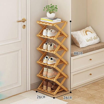 Shoe Racks, Bamboo Foldable Shoes Organizer Free Standing Shelf for Entryway, Closet, Bedroom, Hallway, | Natural | Functional | Multifunctional Shoe Rack ([Wood Color] 6 Layers)