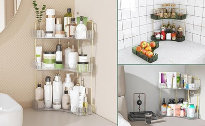 Corner Bathroom Counter Organizer, Vanity Trays for Bathroom, Skincare Makeup Organizer Shelf, Shelf Cosmetics, Toiletries, Lotions, Perfumes (2 Tiers, Clear)