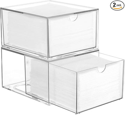 Rainmae 2 Pack Disposable Face Towel Holder, Face Towel Storage Box, Stackable Clear Makeup Organizer with Drawer for Clean Skin Club Face XL Towels Holder for Vanity Bathroom and Makeup Organization