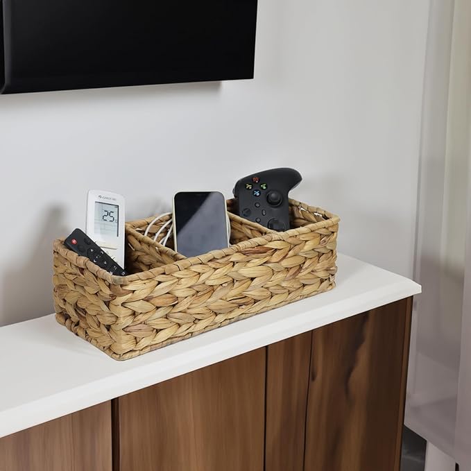 Water Hyacinth Basket for Toilet Paper, Wicker Baskets for Storage Bathroom Counter, Storage Basket With 3 Compartments, Restroom Bathroom Baskets Tray Vanity Organizer (Water Hyacinth)