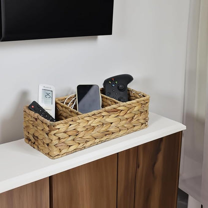 Water Hyacinth Basket for Toilet Paper, Wicker Baskets for Storage Bathroom Counter, Storage Basket With 3 Compartments, Restroom Bathroom Baskets Tray Vanity Organizer (Water Hyacinth)