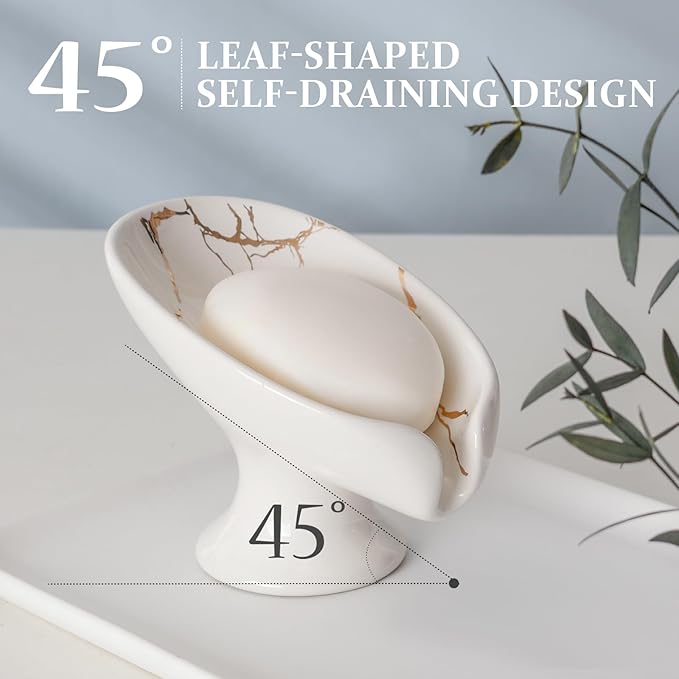 Soap Dish, Soap Holder Self Draining Leaf Shape Soap Dishes, Ceramic Drain Soap Dish for Sink Bathroom Shower Kitchen, Easy to Clean Keeps Soap Dry, Cream White & Gold Marble Pattern, ANTIS'S HOME