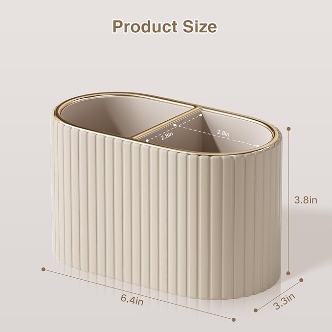 KINGFOM Makeup Brush Holder Organizer with Divider, PU Leather Vanity Brush Holder for Bathroom Countertop & Dressing Table, Cosmetic Desktop Storage Caddy for Makeup Tools Oval, Gift for Women Beige