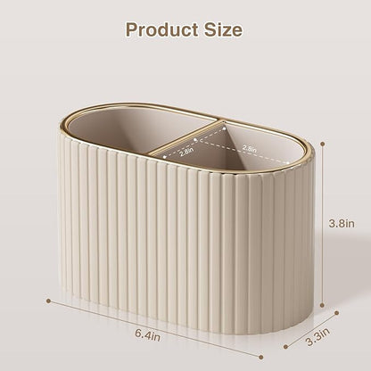 KINGFOM Makeup Brush Holder Organizer with Divider, PU Leather Vanity Brush Holder for Bathroom Countertop & Dressing Table, Cosmetic Desktop Storage Caddy for Makeup Tools Oval, Gift for Women Beige