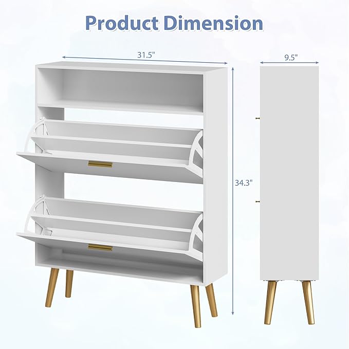 Entryway Shoe Cabinet, White Shoe Storage Cabinet with 2 Flip Doors and Shelf, Narrow Hidden Shoe Organizer Cabinet Slim, Freestanding Shoe Rack for Entryway, White