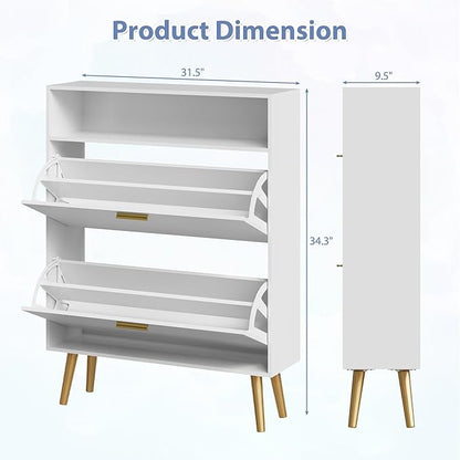 Entryway Shoe Cabinet, White Shoe Storage Cabinet with 2 Flip Doors and Shelf, Narrow Hidden Shoe Organizer Cabinet Slim, Freestanding Shoe Rack for Entryway, White