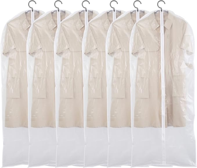 Clear Garment Bags with Full Zipper Lightweight Foldable Dust Proof Breathable Extra Wide Travel Suit Bags for Hanging Clothes Closet Storage, 24''x48'' / 6 Pack