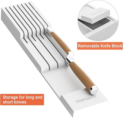 TIOPGHAD Bamboo-Silverware-Drawer-Organizer-Kitchen, Expandable Utensil Holder Cutlery Tray Flatware Organization Adjustable Wood Tableware Dividers Storage (with Removable Knife Block)(White)
