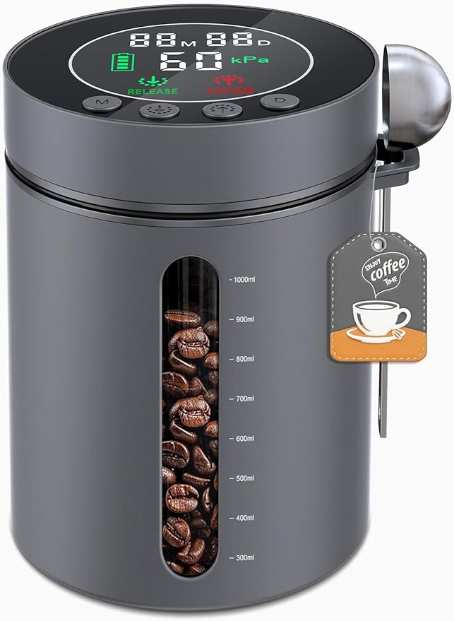 Automatic Vacuum Coffee Canister, 1.3L Airtight Food Storage Containers with Smart Pressure Sensor, Electric Coffee Bean Container Rechargeable with LED Display Window for Home Kitchen Food Storage