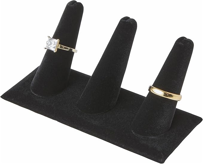 Plymor Black Velvet Ring Finger Display, Three on Rectangular Base, 4.875" W x 2.25" D x 2" H (Pack of 2)