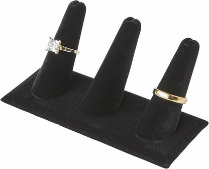 Plymor Black Velvet Ring Finger Display, Three on Rectangular Base, 4.875" W x 2.25" D x 2" H (Pack of 2)