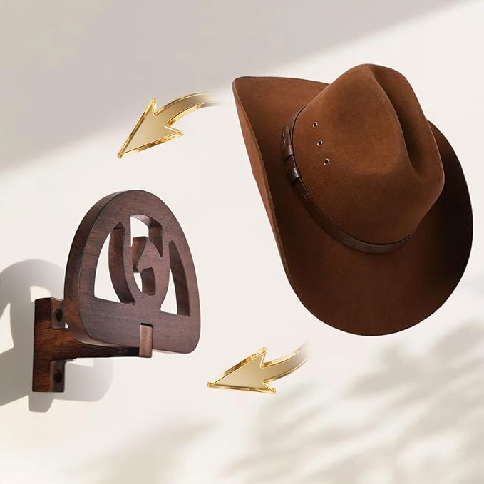 Rustic Wood Wall Mounted Cowboy Hat Rack, Brown Western Horse Design,