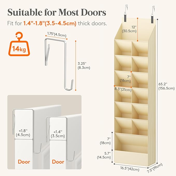 Lifewit 8 Tier Over the Door Shoe Organizer with 15 Large Deep Pockets, Fabric Hanging Shoes Shelf for Closet, Dorm Storage, Fit Up to 16 Pair Shoe Rack Holder for Sneakers, Boots, Beige