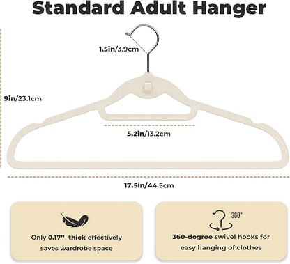 Ivory Velvet Hangers 50 Pack, Felt Covered Non Slip Fabric with Stackable Cascading Hook, Ultra Thin and Space Saving with 360° Swivel Neck, 15Lbs Capacity for Clothes, Suit, Shirt, Coat