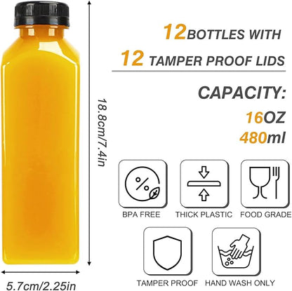 TOMNK 12pcs Juice Bottles, 16oz Reusable Plastic Juice Bottles with Caps and Labels, Funnel, Brush Beverage Containers for Juicing, Smoothies, Tea, Milk