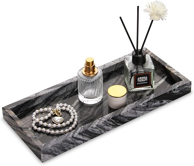 Marble Bathroom Vanity Tray, Natural Luxury Vanity Home Kitchen Bathroom Table Tray, Stone Decorative Countertop Dresser Trays for Key Coffee Perfume Jewelry Makeup (Wood Grain, 12"x 5" x1.2")
