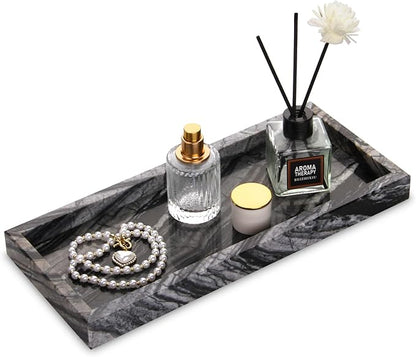 Marble Bathroom Vanity Tray, Natural Luxury Vanity Home Kitchen Bathroom Table Tray, Stone Decorative Countertop Dresser Trays for Key Coffee Perfume Jewelry Makeup (Wood Grain, 12"x 5" x1.2")