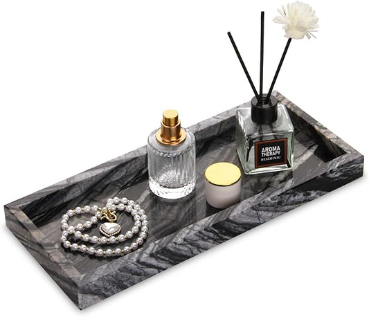 Marble Bathroom Vanity Tray, Natural Luxury Vanity Home Kitchen Bathroom Table Tray, Stone Decorative Countertop Dresser Trays for Key Coffee Perfume Jewelry Makeup (Wood Grain, 12"x 5" x1.2")