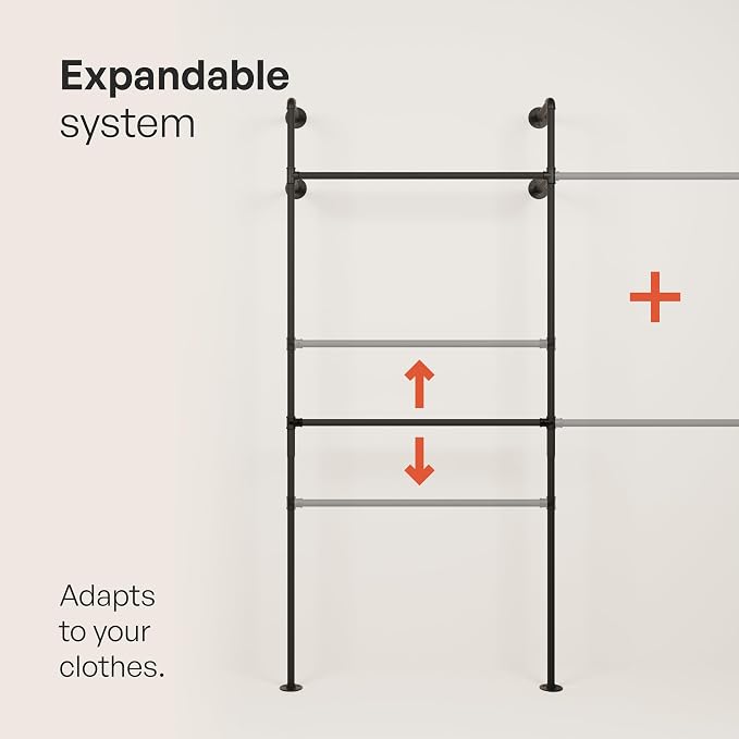 pamo Industrial Pipe Clothing Rack – Wall Mounted Black Closet System in Powder-Coated Steel – 41.4" W × 87.4" H – Easy Setup – Ideal for Walk-In Closets & Retail Use