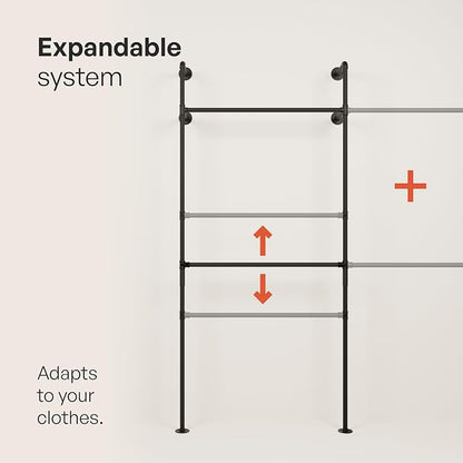 pamo Industrial Pipe Clothing Rack – Wall Mounted Black Closet System in Powder-Coated Steel – 41.4" W × 87.4" H – Easy Setup – Ideal for Walk-In Closets & Retail Use