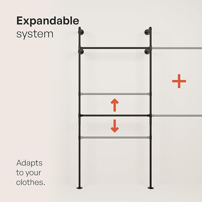 pamo Industrial Pipe Clothing Rack – Wall Mounted Black Closet System in Powder-Coated Steel – 116.54" W × 87.4" H – Easy Setup – Ideal for Walk-In Closets & Retail Use