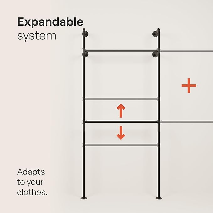 pamo Wall Mounted Pipe Clothing Rack – Industrial Closet System in Black Powder-Coated Steel – 117" W × 87" H, 750 lbs – Walk-In Closet & Retail