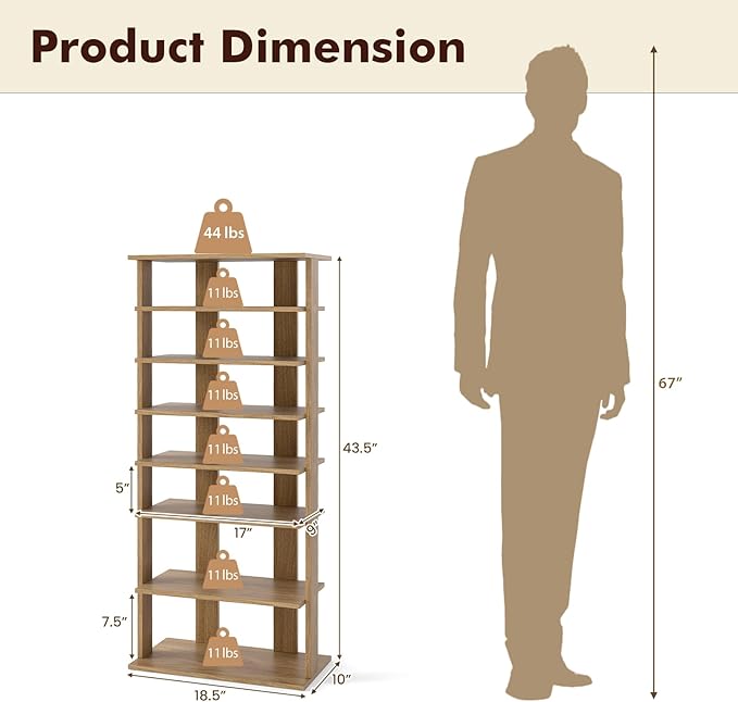 GOFLAME 7-Tier Tall Shoe Rack, Patented Freestanding Shoe Shelf Storage Organizer for 14 Pairs of Shoes, Space-Saving Vertical Shoe Stand for Entryway, Closet, Living Room, Natural