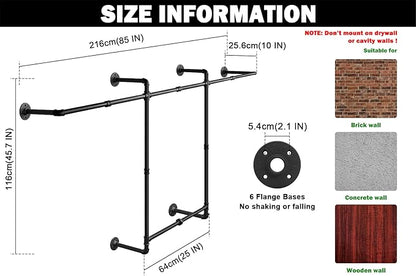 Livabber Industrial Pipe Clothes Rack, Heavy Duty Detachable Iron Garment Rack Wall Mounted, Rustic Saving Space Clothes Bar Multi-Purpose Hanging Rod for Bedroom, Closet, 2 Tier, Black (82 Inch)