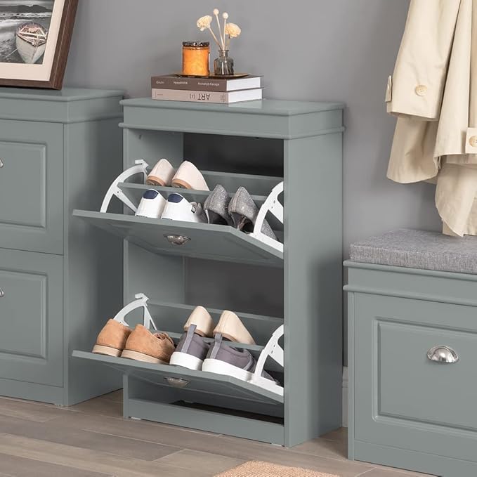 SoBuy Small Shoe Cabinet, Slim Shoe Rack 2 Flip-Drawers, Thin Shoe Storage Cupboard Organizer Unit for Entryway and Hallway, Grey FSR78-HG