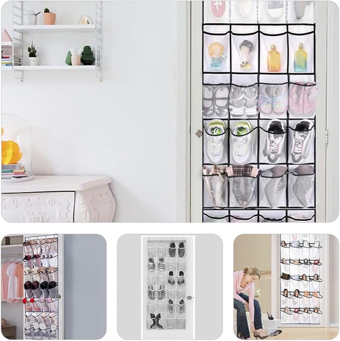 Veemoon 28-pocket over Door Storage Bag White Mesh Organizer Large Capacity Hanging Closet Door Organizer for Shoes and Accessories Space-saving Hanging Storage for Entryway and Home
