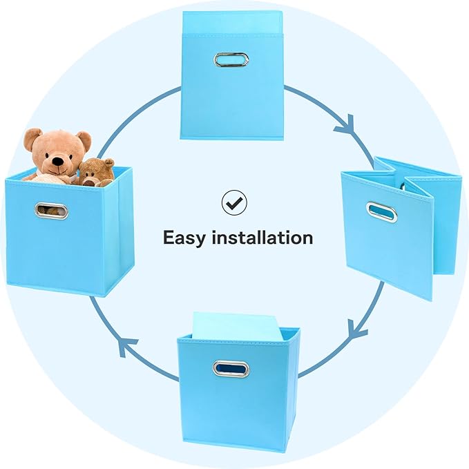 Fabric Cubby Storage Bins - 13x13x13 Inches, Foldable Cube Organizer Bins with Dual Handles - Set of 6, Blue