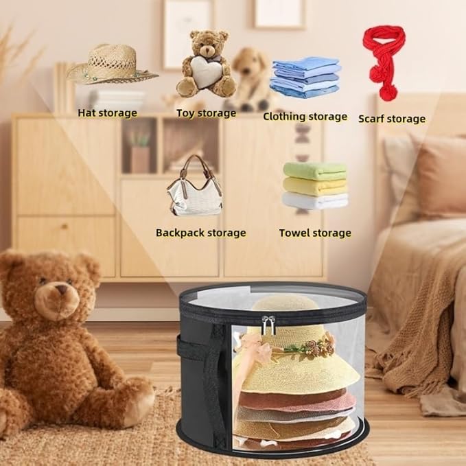 Hat Storage Box Organizer with Clear Window, Round, Set of 2, Black