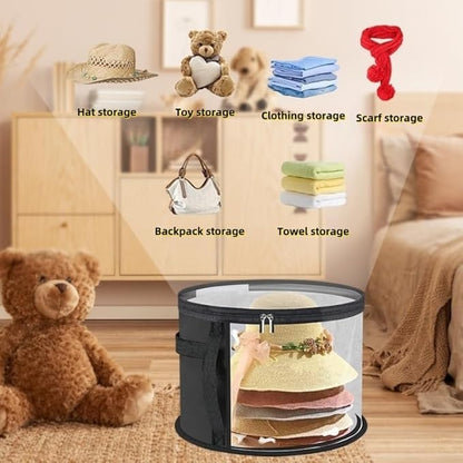 Hat Storage Box Organizer with Clear Window, Round, Set of 2, Black