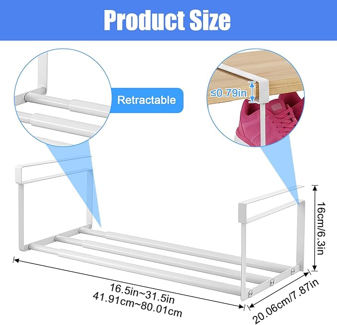 2 Pcs Expandable Shoe Rack Organizer, Adjustable Retractable Shoe Racks, Multifunctional Under Cabinet Hanging Shelf for Closet Storage, White, 16.5-31.5 Inch, Space Saving