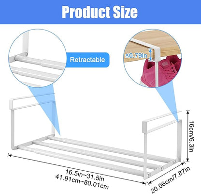 2 Pcs Expandable Shoe Rack Organizer, Adjustable Retractable Shoe Racks, Multifunctional Under Cabinet Hanging Shelf for Closet Storage, White, 16.5-31.5 Inch, Space Saving