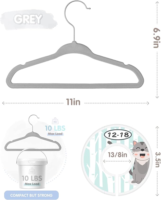 VIS'V Baby Hangers, 11 Inch Velvet Kids Hangers with 6 Pcs Clothes Size Dividers, Infant Toddler Nursery Closet Organization, Non Slip, Gray, 50 Pcs