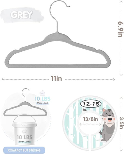 VIS'V Baby Hangers, 11 Inch Velvet Kids Hangers with 6 Pcs Clothes Size Dividers, Infant Toddler Nursery Closet Organization, Non Slip, Gray, 50 Pcs