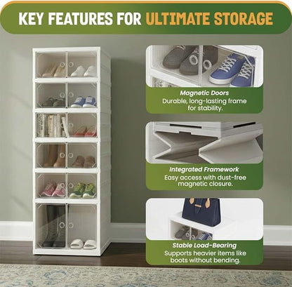Foldable 6-Tier Shoe Rack Organizer, Large Clear Shoe Storage Cabinet with Magnetic Doors, Heavy Duty Slim Vertical Shoes Rack for Bedroom, Entryway or Garage - White (Holds 12 Pairs)