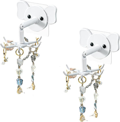 2-Pack 360° Rotating Jewelry Organizer, Self-Adhesive Necklace Hanger for Storing Necklaces, Bracelets, Watches, Rings, Ideal for Walls, Closets, Doors, and Bathrooms (White)